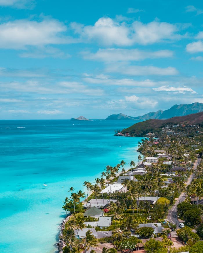 Stunning aerial view of a tropical coastline with clear blue waters and lush greenery.